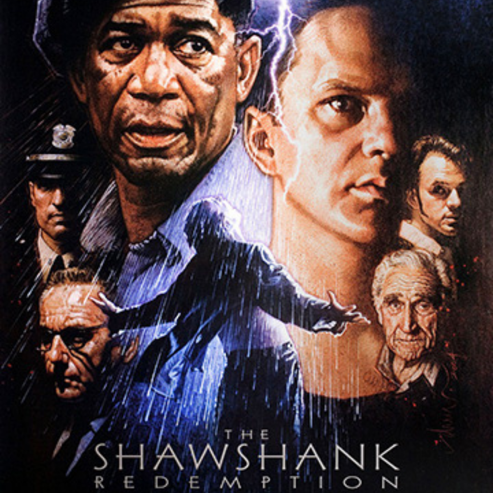 Póster del décimo aniversario de la película The Shawshank Redemption (Sueños de fuga), con los rostros de los protagonistas.