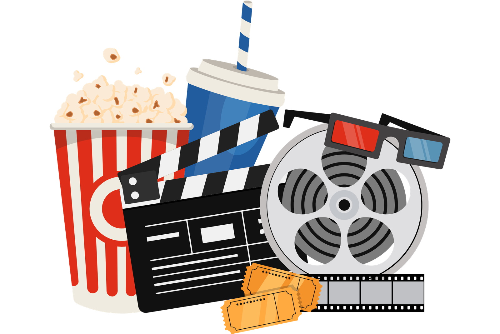 Ilustración de elementos del cine con palomitas, refresco, claqueta, carrete de película, boletos y gafas 3D
