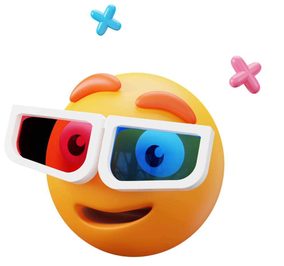 Emoji tridimensional en color amarillo con unos lentes 3d azul y rojo